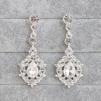 Bridal ørering, Zinc Alloy, med Krystal, rustfrit stål ørering indlæg, sølvfarvet forgyldt, til brude & facetteret & med rhinestone, bly & cadmium fri, 25x59mm, 3par/Bag, Solgt af Bag