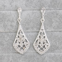 Bridal ørering, Zinc Alloy, rustfrit stål ørering indlæg, sølvfarvet forgyldt, til brude & med rhinestone, bly & cadmium fri, 22x59mm, 3par/Bag, Solgt af Bag