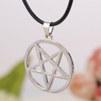 Zinc Alloy smykker halskæde, med PU, Pentagram, platin farve forgyldt, bly & cadmium fri, 29mm, Solgt Per Ca. 17.7 inch Strand