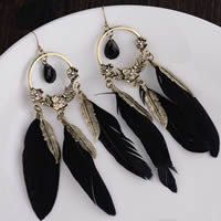 Mode Feather Earring, Zinc Alloy, met Veer, ijzer oorbel haak, Veer, antiek goud plated, lood en cadmium vrij, 111mm, Verkocht door pair