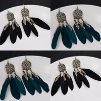 Mode Feather Earring, Zinc Alloy, met Veer, ijzer oorbel haak, Veer, antiek brons plated, meer kleuren voor de keuze, lood en cadmium vrij, 100mm, Verkocht door pair