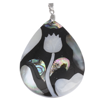 Shell Pendler, White Shell, med messing kaution & Black Shell & Abalone Shell, Teardrop, platin farve forgyldt, naturlige, nikkel, bly & cadmium fri, 42x55x8mm, Hole:Ca. 4x5mm, 10pc'er/Bag, Solgt af Bag