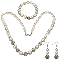 Glass Pearl Jewelry Set, karkötő & fülbevaló & nyaklánc, -val Cink ötvözet, sárgaréz fülbevaló akasztó, platina színű bevont, strasszos, 9.5x10.5mm, 9x10mm, 5x6mm, 9.5x10mm, 9x10mm, 10x31mm, 48mm, Hossz Kb 19 inch, Kb 6 inch, 5készletek/Lot, Által értékesített Lot