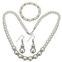 Glass Pearl Jewelry Set, karkötő & fülbevaló & nyaklánc, -val strasszos sárgaréz távtartó, cink ötvözet homár csattal, sárgaréz fülbevaló akasztó, platina színű bevont, 9x10mm, 3x7mm, 7x8mm, 2.5x6mm, 10x20.5mm, 38mm, Hossz Kb 19 inch, Kb 7 inch, 5készletek/Lot, Által értékesített Lot