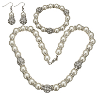 Glass Pearl Jewelry Set, karkötő & fülbevaló & nyaklánc, -val strasszos sárgaréz távtartó & Cink ötvözet, sárgaréz fülbevaló akasztó, platina színű bevont, strasszos, 12x12mm, 9x10mm, 11.5x12mm, 9x10mm, 12x26mm, 43mm, Hossz Kb 17 inch, Kb 7 inch, 5készletek/Lot, Által értékesített Lot