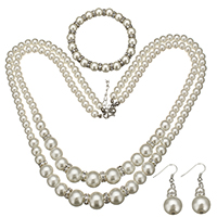 Glass Pearl Jewelry Set, karkötő & fülbevaló & nyaklánc, -val strasszos sárgaréz távtartó, cink ötvözet homár csattal, sárgaréz fülbevaló akasztó, -val 2lnch extender lánc, platina színű bevont, 11x12mm, 5x6mm, 7x8mm, 3x6.5mm, 12x24mm, 39mm, Hossz Kb 20 inch, Kb 6 inch, 5készletek/Lot, Által értékesített Lot