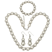 Glass Pearl Jewelry Set, karkötő & fülbevaló & nyaklánc, -val strasszos sárgaréz távtartó, cink ötvözet homár csattal, sárgaréz fülbevaló akasztó, -val 2lnch extender lánc, platina színű bevont, 9x10mm, 9x10mm, 3x7mm, 10x24mm, 41mm, Hossz Kb 18 inch, Kb 7 inch, 5készletek/Lot, Által értékesített Lot