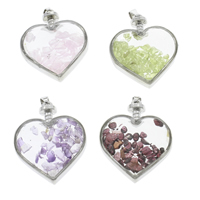 Bijoux Pendentifs en pierres gemmes, pierre gemme, avec verre & laiton, coeur, Placage de couleur platine, grade AAA, 32x38x12mm, Trou:Environ 3x5mm, 10PC/sac, Vendu par sac