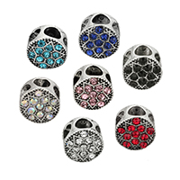 Zinklegering European Beads, Zinc Alloy, Rond plat, antiek zilver plated, zonder troll & met strass, meer kleuren voor de keuze, nikkel, lood en cadmium vrij, 11x10x9mm, Gat:Ca 5mm, 100pC's/Lot, Verkocht door Lot