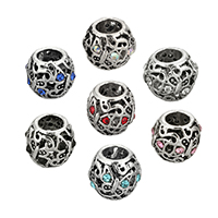 Zinklegering European Beads, Zinc Alloy, Drum, antiek zilver plated, zonder troll & met strass & hol, meer kleuren voor de keuze, nikkel, lood en cadmium vrij, 10x9mm, Gat:Ca 5mm, 100pC's/Lot, Verkocht door Lot