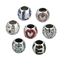 Zinc Alloy European perler, Drum, ordet kærlighed, antik sølv farve forgyldt, uden trold & med rhinestone, flere farver til valg, nikkel, bly & cadmium fri, 10x9mm, Hole:Ca. 5mm, 100pc'er/Lot, Solgt af Lot