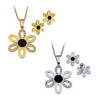 Strass Stainless Steel Jewelry Set, oorbel & halsketting, Roestvrij staal, Bloem, plated, ovale keten & glazuur & met strass, meer kleuren voor de keuze, 29x35x2mm, 2x2.5x0.5mm, 16x18x12.5mm, Lengte Ca 17 inch, 10sets/Lot, Verkocht door Lot