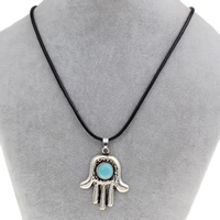 Zinklegering halskettingen, Zinc Alloy, met Gewaxt Hemp Cord & Synthetische Turquoise, met 5cm extender keten, Hamsa, antiek zilver plated, Islam sieraden, lood en cadmium vrij, 34x44x7mm, Per verkocht Ca 16.5 inch Strand