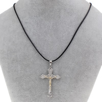 Zinklegering halskettingen, Zinc Alloy, met Gewaxt Hemp Cord, met 5cm extender keten, Crucifix Cross, plated, Christian Jewelry, lood en cadmium vrij, 31x50x5mm, Per verkocht Ca 16.5 inch Strand