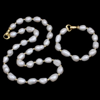 Natural Gekweekte Zoetwater Parel Sieraden Sets, armband & halsketting, met Messing, Barok, gold plated, natuurlijke & bloem gesneden, wit, 9-10mm, Lengte Ca 19.5 inch, Ca 7 inch, Verkocht door Stel