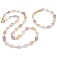 Sets de Perlas Cultivadas de Agua Dulce, pulsera & collar, con metal, Barroco, chapado en color dorado, natural & corrugado, 9-10mm, longitud aproximado 19.5 Inch, aproximado 7 Inch, Vendido por Set