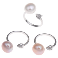 Freshwater Pearl fingerring, Messing, med Ferskvandsperle, Fox, platin farve forgyldt, naturlige & åbent & Micro Pave cubic zirconia, flere farver til valg, nikkel, bly & cadmium fri, 11-12mm, 12x28x20mm, Størrelse:7, Solgt af PC