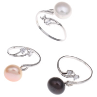 Freshwater Pearl fingerring, Messing, med Ferskvandsperle, platin farve forgyldt, åbent & med rhinestone, flere farver til valg, nikkel, bly & cadmium fri, 11-12mm, 22x28x22mm, Størrelse:12, Solgt af PC