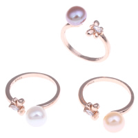 Freshwater Pearl fingerring, Messing, med Ferskvandsperle, Butterfly, rosa guld farve forgyldt, naturlige & med 925 logo & åbent & med cubic zirconia & facetteret, flere farver til valg, nikkel, bly & cadmium fri, 7-8mm, 8x25x20mm, Størrelse:7, Solgt af PC