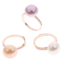 Freshwater Pearl fingerring, Messing, med Ferskvandsperle, Button, rosa guld farve forgyldt, naturlige & Micro Pave cubic zirconia, flere farver til valg, nikkel, bly & cadmium fri, 11-12mm, 12x28x20mm, Størrelse:7, Solgt af PC