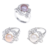 Slatkovodni Pearl Finger Ring, Mesing, s Slatkovodni Pearl, Cvijet, platine boja pozlaćen, prirodni & s kubni cirkonij, više boja za izbor, nikal, olovo i kadmij besplatno, 9-10mm, 19x26x20mm, Veličina:7, Prodano By PC