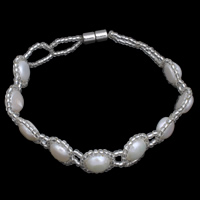 Fionnuisce saothraithe Pearl Bracelet, Pearl Fionnuisce, le Coirníní Gloine Síl, práis clasp maighnéadach, Flower, nádúrtha, bán, 12x5mm, Díolta Per Thart 7 Inse Snáithe