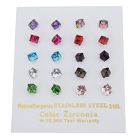 Crystal Øreringe, Krystal, med Stainless Steel, Cube, blandede farver, 6x17mm, 10par/Bag, Solgt af Bag