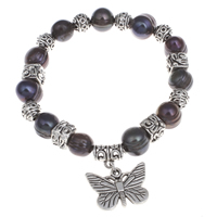 Freshwater Kulturperler Pearl Bracelet, Ferskvandsperle, med Zinc Alloy, Butterfly, antik sølv farve forgyldt, farvet & armbånd, 10-11mm, Solgt Per Ca. 7 inch Strand