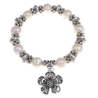 Sötvatten odlade Pearl Bracelet, Freshwater Pearl, med Zink Alloy, Blomma, antik silver pläterad, naturliga & charm armband, 9-10mm, Såld Per Ca 7 inch Strand