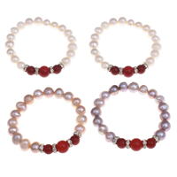 Sötvatten odlade Pearl Bracelet, Freshwater Pearl, med rhinestone mässing spacer & Red Agate, Potatis, naturlig, fler färger för val, 9-10mm, Såld Per Ca 6.5 inch Strand