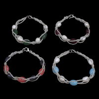 Süßwasser Zuchtperlen Armband, Natürliche kultivierte Süßwasserperlen, mit Glas-Rocailles & Glas, Messing Karabinerverschluss, oval, keine, 7-8mm, verkauft per ca. 7 ZollInch Strang