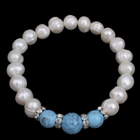 Zoetwater gekweekte parel armband, Zoetwater Parel, met strass messing spacer & Synthetische Turquoise, Aardappel, 7-8mm, Per verkocht Ca 7 inch Strand