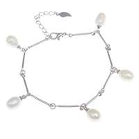 Sötvatten odlade Pearl Bracelet, Freshwater Pearl, med Mässing, med 4cm extender kedja, Ris, platina pläterad, naturliga & charm armband, 6-7mm, Såld Per Ca 6 inch Strand