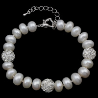 Sötvatten odlade Pearl Bracelet, Freshwater Pearl, med rhinestone lera bana, med 4cm extender kedja, Knapp, naturlig, vit, 8-9mm, Såld Per Ca 6 inch Strand