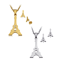 Set di gioielli in acciaio inox strass, orecchino & Collana, Torre Eiffel, placcato, catena ovale & con strass, nessuno, 15.5x28x2mm, 2x2.5x0.5mm, 8x12.5x13mm, Lunghezza Appross. 20 pollice, Venduto da set