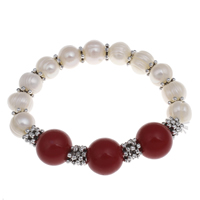 Freshwater Kulturperler Pearl Bracelet, Ferskvandsperle, med Natural Coral & Zinc Alloy, Runde, antik sølv farve forgyldt, naturlige, 9-10mm, Solgt Per Ca. 6 inch Strand