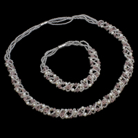 Naturlige ferskvandskulturperle Smykke sæt, armbånd & halskæde, Ferskvandsperle, med Krystal & Glas Seed Beads, messing magnetlås, facetteret, 3-4mm, Længde Ca. 18 inch, Ca. 7.5 inch, Solgt af sæt