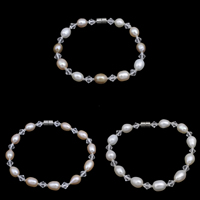 Fionnuisce saothraithe Pearl Bracelet, Pearl Fionnuisce, le Crystal & Coirníní Gloine Síl, práis clasp maighnéadach, Rís, nádúrtha, ilghnéitheach, dathanna níos mó le haghaidh rogha, 6-7mm, Díolta Per Thart 7 Inse Snáithe