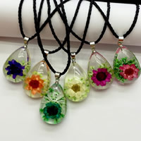 Resin Necklace Nylon Cord with Dried Flower & Resin & Zinc Alloy Teardrop platinum color plated mixed colors nickel lead & cadmium free Length Approx 18 Inch Sold By Lot