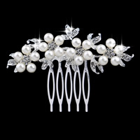 Bridal capelli decorativo Comb, lega in zinco, with Perle di plastica ABS, Fiore, placcato color argento, per la sposa & con strass, assenza di piombo & cadmio, 70x70mm, 3PC/borsa, Venduto da borsa