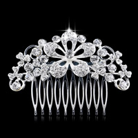 Cabelo nupcial decorativa Comb, liga de zinco, Flor, cromado de cor prateada, para noivas & com strass, Chumbo e cádmio livre, 80x60mm, vendido por PC