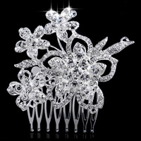 Bridal capelli decorativo Comb, lega in zinco, Fiore, placcato color argento, per la sposa & con strass, assenza di piombo & cadmio, 70x60mm, Venduto da PC