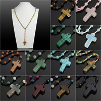 Gemstone Geansaí Necklace, le Corda níolón, Cross, ábhair éagsúla do rogha, 20x29mm, 6mm, Díolta Per Thart 28 Inse Snáithe