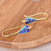 Sterling Silver Cloisonne Hook earring, Leaf, lámhdhéanta, le lúb, 6x27x3mm, Poll:Thart 1.5mm, Díolta De réir Péire