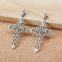 Pendentifs croix en alliage de zinc  , Plaqué de couleur d'argent, creux, protéger l'environnement, sans nickel, plomb et cadmium, 38x20x2mm, Trou:Environ 2mm, 360PC/lot, Vendu par lot