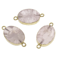 Rose Quartz Connector, med Jern, Flad Oval, guldfarve belagt, naturlige & 1/1 løkke, 28x14x7mm-29x16x8mm, Hole:Ca. 2mm, 10pc'er/Bag, Solgt af Bag