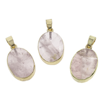 Rose Quartz Pendel, med jern kaution, Flad Oval, guldfarve belagt, naturlige, 14x24x6mm-16x26x7mm, Hole:Ca. 3x5mm, 10pc'er/Bag, Solgt af Bag