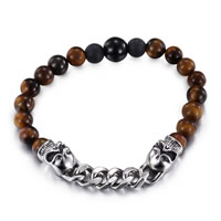 Mænd armbånd, Tiger Eye, med Sort Agate & Stainless Steel, Skull, naturlige & twist oval kæde & for mennesket & frosted & sværte, 10mm, Solgt Per Ca. 7.4 inch Strand