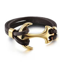 De Armband van mensen, Koeienhuid, met Roestvrij staal, Anker, gold plated, voor de mens, 37mm, Per verkocht Ca 8.6 inch Strand