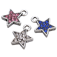 Pingente estrela de liga de zinco, banho de cor prata antiga, com strass & dupla face - frente e verso, Mais cores pare escolha, níquel, chumbo e cádmio livre, 10.50x13x3mm, Buraco:Aprox 2mm, 100PCs/Lot, vendido por Lot